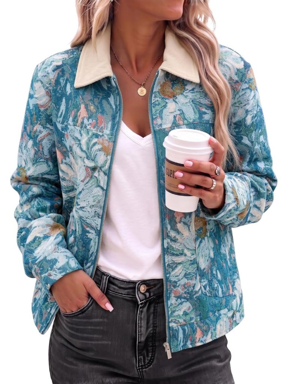 Jackets for Women Casual Long Sleeve Floral Print Jacquard Coats